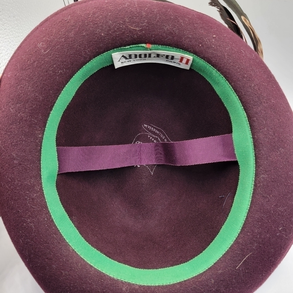 Vintage Adolfo II Wine Brimmed Fedora with Feather - Picture 5 of 8
